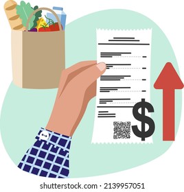 Rising food prices. A person's hand holds a receipt for the purchase of groceries. Dollar growth, red arrow up. Flat vector illustration isolated on white background. 