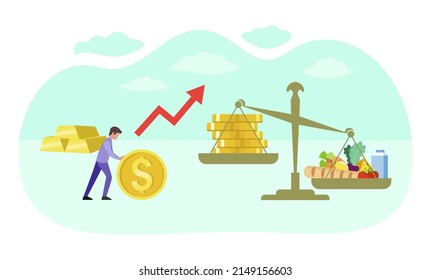 Rising food prices. Scales with food and gold coins. Food is more valuable than gold coins. Dollar growth, red arrow up. Golden stack of dollar coins, gold bars. Vector flat illustration of inflation.