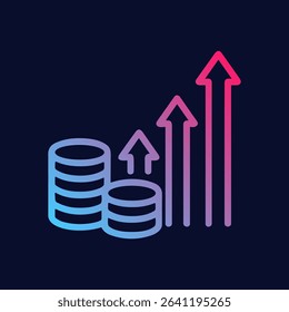 Rising fortunes Coins and upward arrows. Icon symbol illustration