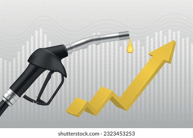 Pancarta de aumento de los precios del combustible con flecha dinámica ascendente y gasolina de la boquilla de bombeo que cae una ilustración vectorial realista. Los costos del gas diesel aumentan el gráfico financiero mundial recursos industriales gráfico de análisis de mercado