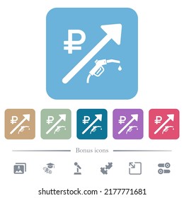 Rising fuel russian Ruble prices white flat icons on color rounded square backgrounds. 6 bonus icons included