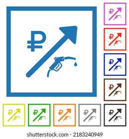 Rising fuel russian Ruble prices flat color icons in square frames on white background