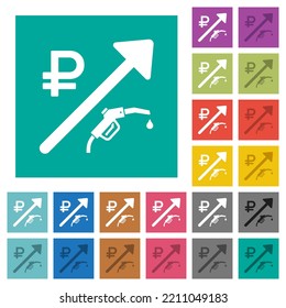 Rising fuel russian Ruble prices multi colored flat icons on plain square backgrounds. Included white and darker icon variations for hover or active effects.