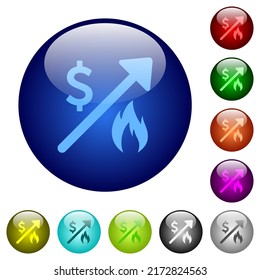 Rising gas energy american dollar prices icons on round glass buttons in multiple colors. Arranged layer structure