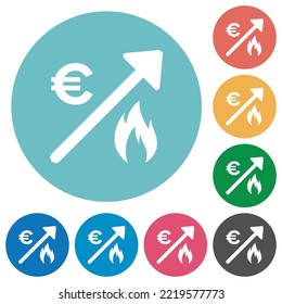 Rising gas energy european Euro prices flat white icons on round color backgrounds