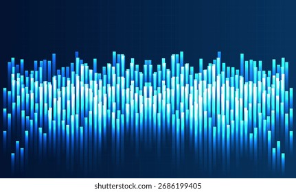 Gráfico de barras brillantes en aumento en gradiente azul sobre fondo oscuro, que simboliza las finanzas, el crecimiento, la inversión, el comercio, los negocios y el análisis de mercado.