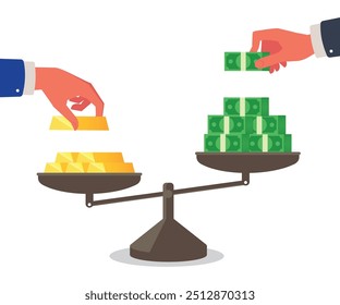 Rising Gold Prices and Putting Money on the Scale to Maintain the Balance of Gold Prices. stock illustration