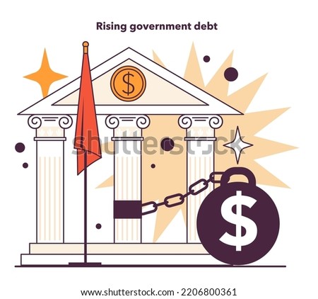 Rising government debt as a recession indicator. National debt, financial deficit. Significant, widespread, and prolonged economic slow down or stagnation. Flat vector illustration