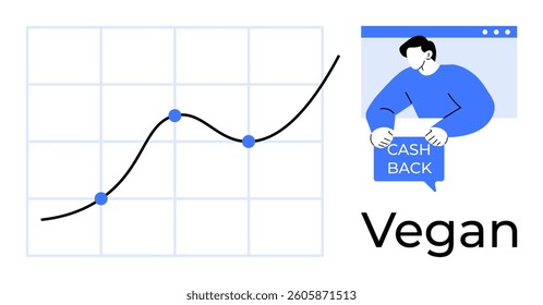 Rising graph with blue points, man holding Cash Back sign, and Vegan label on a white background. Ideal for financial growth, cashback offers, vegan products, economics, and marketing themes. Flat