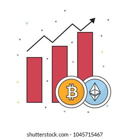 Rising graph of cryptocurrencies with bitcoin and ether.