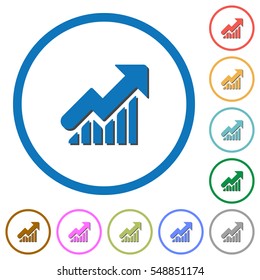 Rising graph flat color vector icons with shadows in round outlines on white background