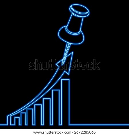 Rising graph pinned with push pin icon neon glow vector illustration concept