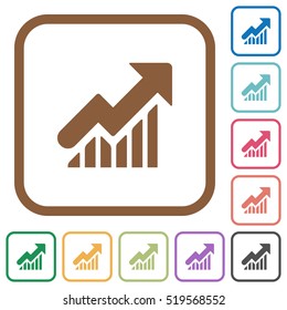 Rising graph simple icons in color rounded square frames on white background