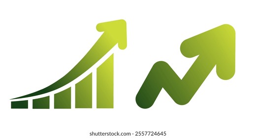 rising graphic emblem with green arrow vector. Flat design vector illustration concept of sales bar chart symbol with arrow moving up. the graphic symbol rises upwards with a green gradation