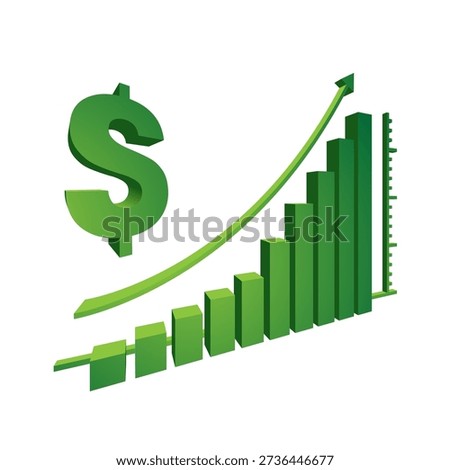 Rising green bar graph with a dollar sign above, ideal for finance, investment, growth, business, success concepts in presentations.