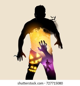 A rising halloween zombie, double exposure effect vector illustration.