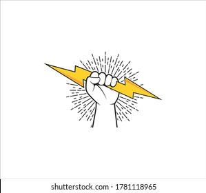 rising hand fist holding flash thunder the symbol of power determination and strong freedom vector logo design template