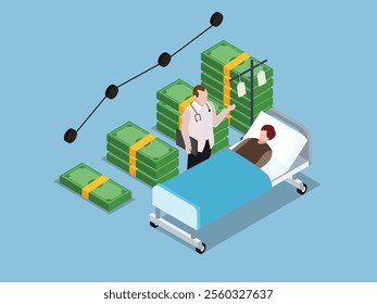 Rising Healthcare Costs with Doctor and Patient 3d isometric vector illustration