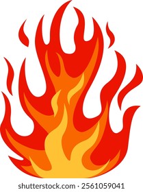 Rising high, vibrant red and orange cartoon flames create an energetic depiction of fire against a white background, capturing the intensity and warmth of burning elements