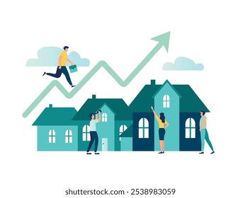 Rising house prices, the concept of real estate or property complex growth, a businessman working on a growing green graph on the roof of a house, vector illustration