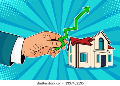 Rising house prices. Man is holding green arrow up in his hand upon house. Cartoon comic vector illustration in pop art retro style.