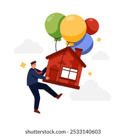 Rising house prices, real estate inflation, growth in cost of construction and mortgage, financial investment in home apartment. Tiny man flying with building on balloons cartoon vector illustration