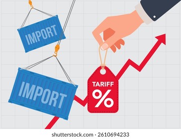 Rising import tariffs concept with Blue shipping containers and upward trend graph. Simple design. Flat style vector illustration. stock illustration