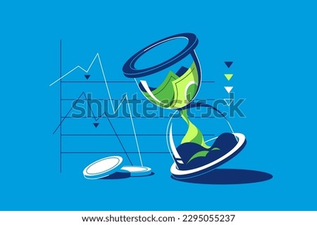 Rising inflation, devaluation concept. Money depreciates over time, disappears inside an hourglass. Stagflation, slowing economic growth, stock market crash. Market chart profit money.