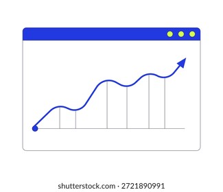 Rising line chart in browser window 2D cartoon object. Curved upward. Business growth. Financial data inside web interface isolated element flat vector clip art on white. Spot illustration