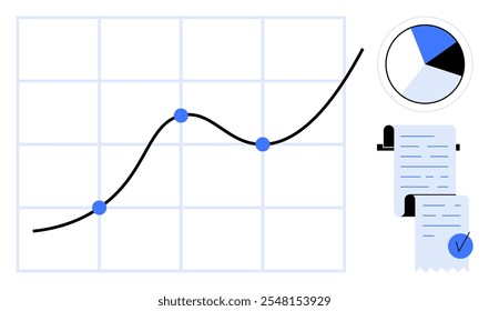 Ein Diagramm mit ansteigenden Linien mit Datenpunkten, einem Kreisdiagramm und zusammengestellten Dokumenten. Ideal für Business, Finanzanalyse, Performance-Verfolgung, Datenvisualisierung und Berichtspräsentation. Einfach modern