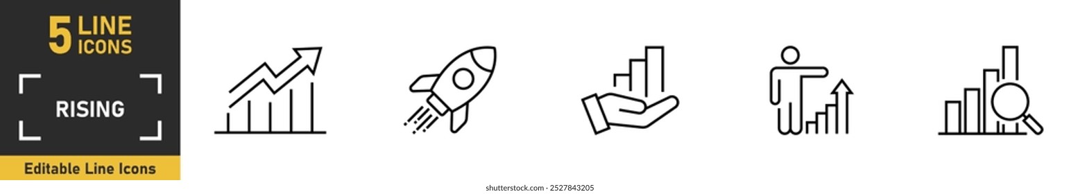 Conjunto de ícones de linha ascendente. Conjunto de 5 ícones relacionados ao crescimento, crescimento dos negócios, realização, melhoria, objetivo e muito mais. Ilustração vetorial.