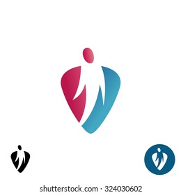 Rising man silhouette in a plectrum shape symbol. Negative space logo.