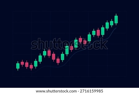 Rising market candlestick chart with upward price movement and smooth trend line on a dark grid background, suitable for trading visuals, investment growth concepts, financial analysis graphics and business projects.
