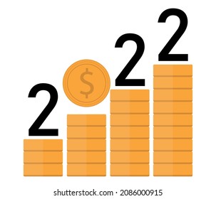 creciente pila de dinero e icono de dólar. El dólar se aprecia en el nuevo año. Concepto económico y monetario de 2022.

