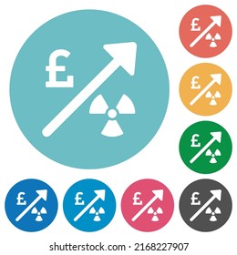 Rising nuclear energy english Pound prices flat white icons on round color backgrounds