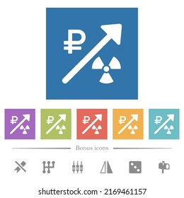 Rising nuclear energy russian Ruble prices flat white icons in square backgrounds. 6 bonus icons included.