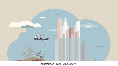 Rising ocean and sea levels as global warming scenario tiny person concept. Flood danger as CO2 pollution and icecap melting consequences vector illustration. Environment change with water risks.