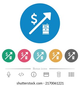 Rising oil energy american Dollar prices flat white icons on round color backgrounds. 6 bonus icons included.