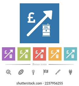 Rising oil energy english Pound prices flat white icons in square backgrounds. 6 bonus icons included.