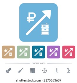 Rising oil energy russian Ruble prices white flat icons on color rounded square backgrounds. 6 bonus icons included