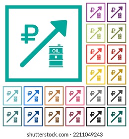 Rising oil energy russian Ruble prices flat color icons with quadrant frames on white background