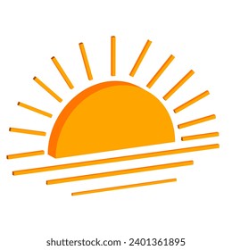 Icono isométrico del sol naranja en ascenso sobre fondo blanco. Vector.