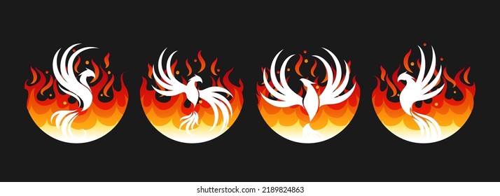 Rising Phoenix Emblems. Fire Rised Feathers Fenix Logo Elements, Decorative Flying Birds Silhuettes With White Wings In Flame Vector Icons, Fly Rise Bird Signs