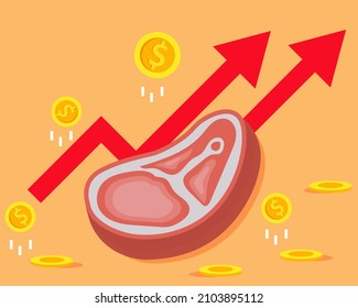 Rising pork prices concept: There is pork with red arrows and many golden coins. Cartoon vector style for your design.