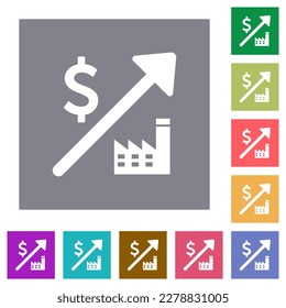 Rising power plant dollar prices flat icons on simple color square backgrounds