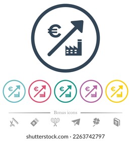 Creciente planta de energía europea Precio del euro íconos de color plano en contornos redondos. 6 iconos de bonificación incluidos.