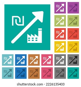Rising power plant israeli new shekel prices multi colored flat icons on plain square backgrounds. Included white and darker icon variations for hover or active effects.