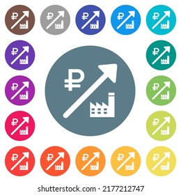 Rising power plant russian Ruble prices flat white icons on round color backgrounds. 17 background color variations are included.