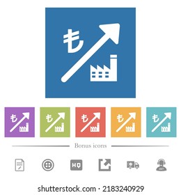 Rising power plant turkish Lira prices flat white icons in square backgrounds. 6 bonus icons included.