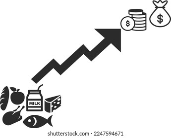 Rising price for food icon, food price hike icon black vector